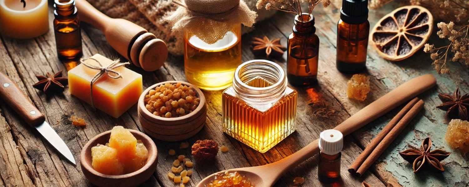 Photo d'une table avec pot de parfum à l'ambre, cire d'abeille, huiles essentielles et résine d'ambre sur fond en bois rustique.