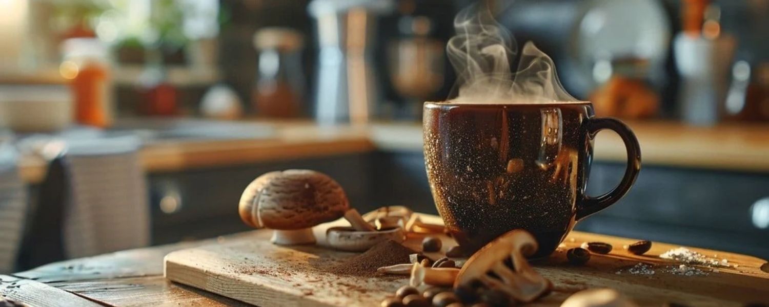 Une tasse de café sur une planche en bois accompagné de champignons à ses côtés. 