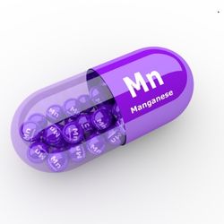 Représentation graphique d'une capsule violette indiquant 'Mn Manganese', contenant de petites sphères