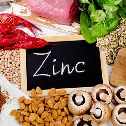 Aliments contenant du zinc, tels que les fruits de mer, la viande, les graines, les champignons et les légumes verts, entourant une ardoise marquée 'Zinc'