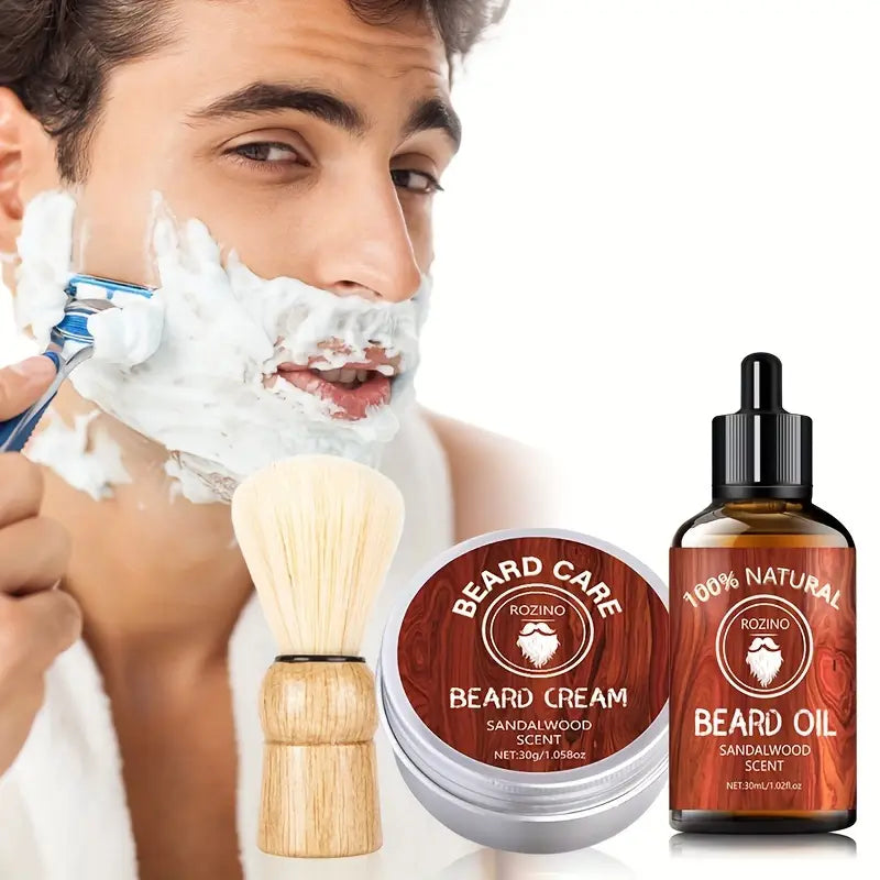 Un Kit de Soin Barbe 3 en 1 au bois de santal avec une Huile, un Baume et un Blaireau, avec en fond un homme en train de se raser