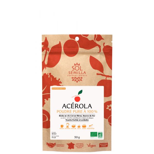 sachet de 50g d'acérola en poudre pure à 100% de la marque sol semilla