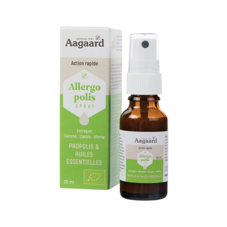 Un spray Allergopolis- Spray Sublingual de la marque Aagaard en format 20 ml à côté de son emballage en carton