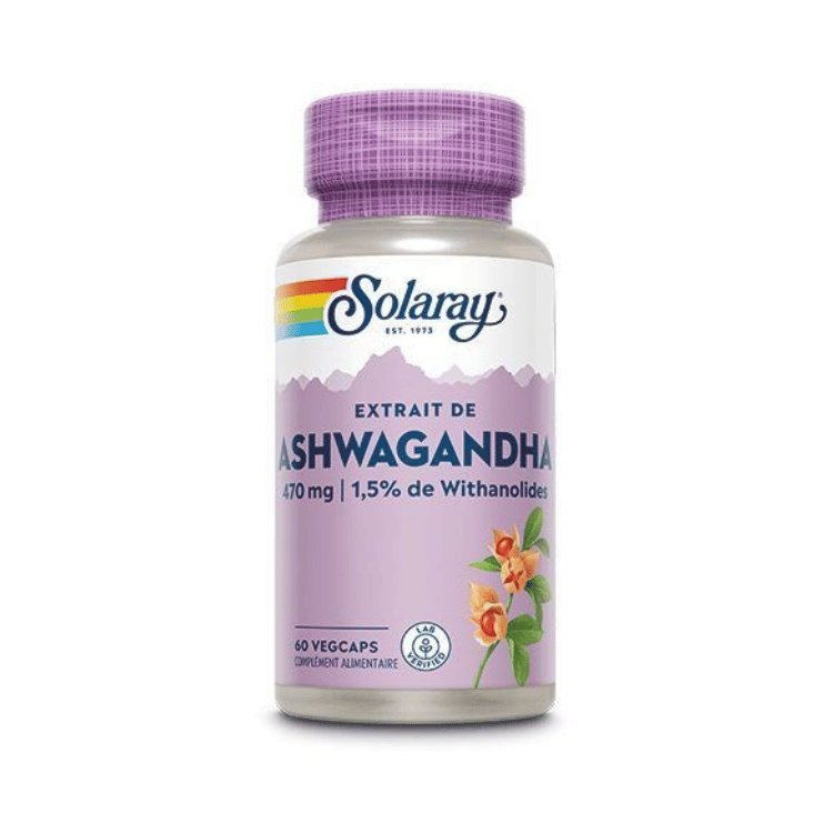 Boîte de 60 capsules d'Ashwagandha 470mg de la marque Solaray