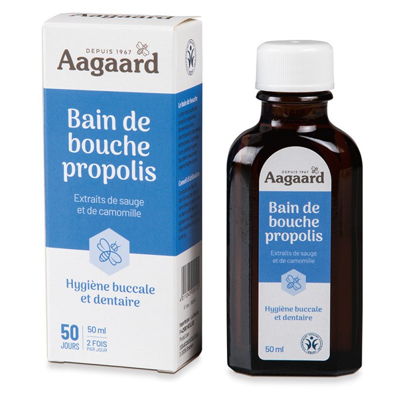 Bain de Bouche Propolis aux Extraits De Sauge Et Camomille au format 50 ml de la marque Aagaard