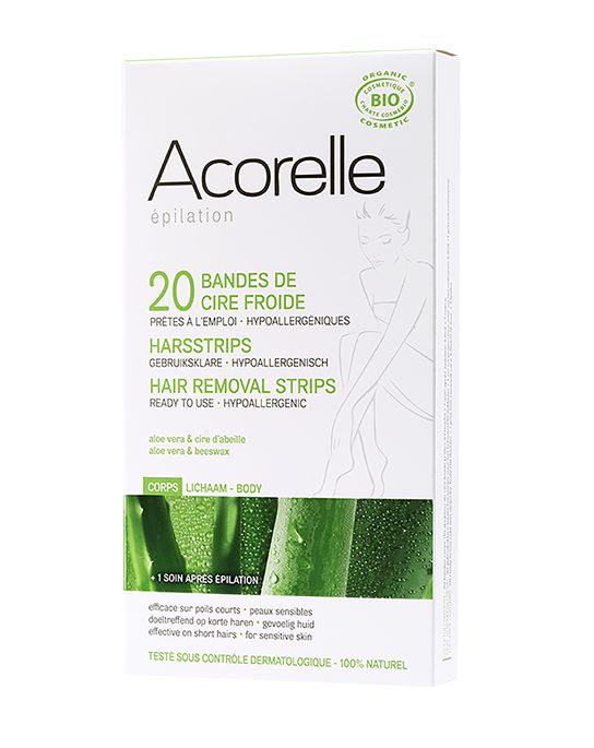 Boîte de 20 bandes de cire froide Bio  de la marque Acorelle avec soin SOS apaisant pour le corps, offrant une épilation naturelle et douce.