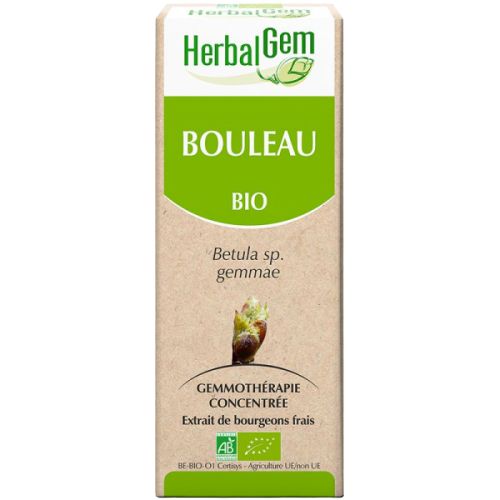 Un flacon d'extrait de bourgeons frais de Bouleau Bio de 30 ml de la marque HerbalGem.
