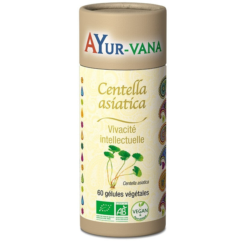 boîte de 60 gélules de centella asiatica vivacité intellectuelle de la marque ayur-vana