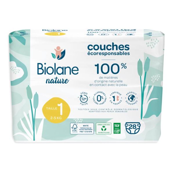 Couches Écologiques Taille 1 De 2 À 5 Kg - 28 Couches - Biolane Nature