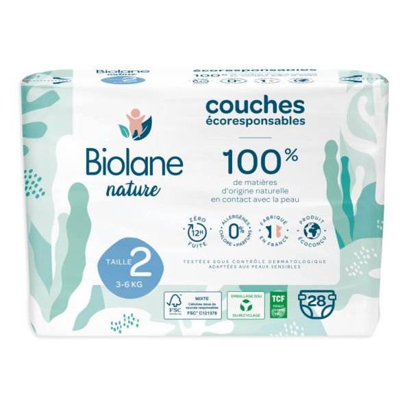 Couches Écologiques Taille 2 De 3 À 6 Kg - 28 Couches - Biolane Nature