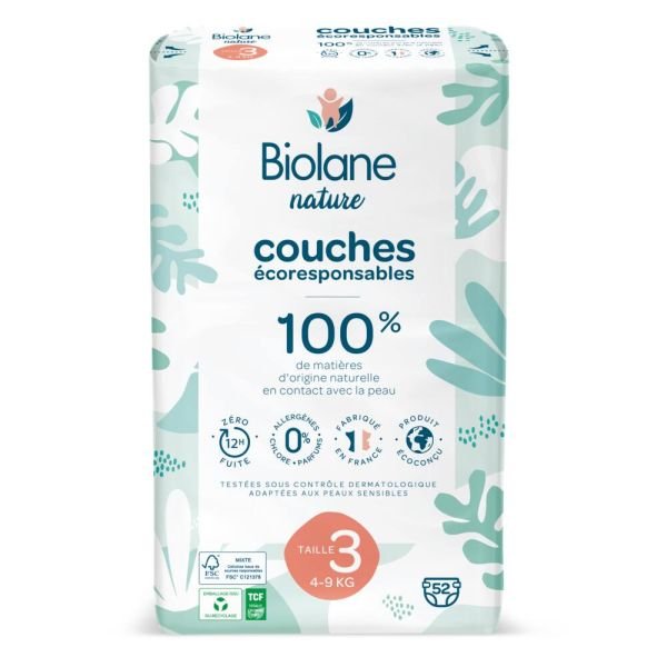 Un paquet de 52 Couches Écologiques Taille 3 de la marque Biolane Nature