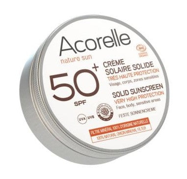 boîte de crème solaire solide spf50+ de la marque acorelle