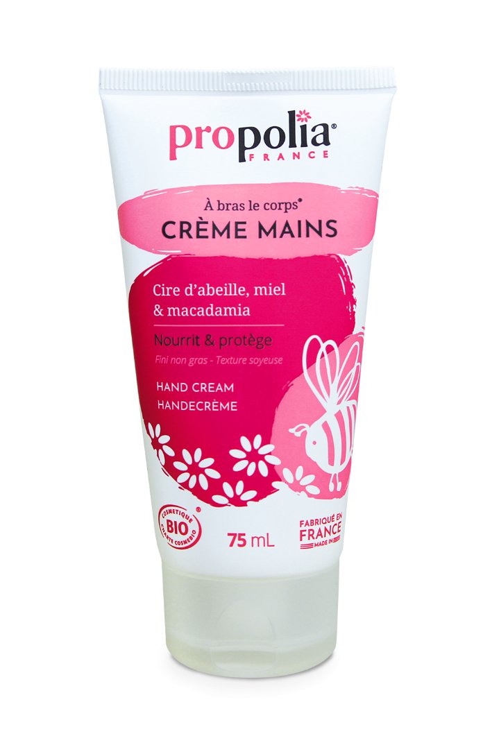 Un tube de 75 ml de Crème Mains Bio Cire D'abeille, Miel Et Macadamia de la marque Propolia-Apimab