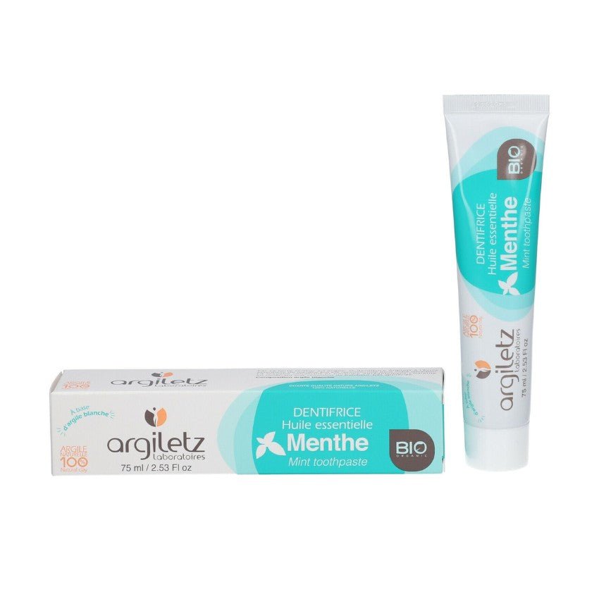 1 tube de 75 ml de Dentifrice Menthe Bio Argiletz à côté de son emballage