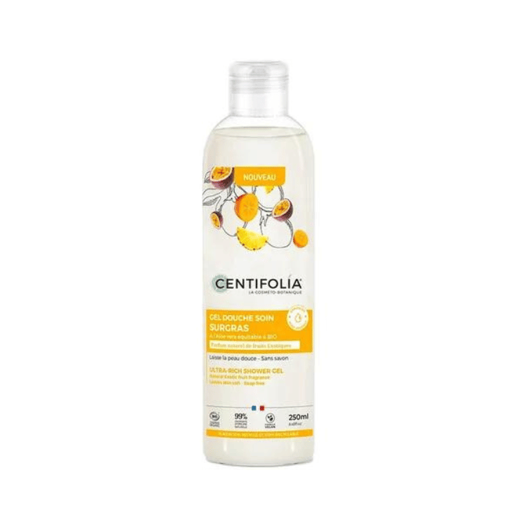 Bouteille de 250ml de gel douche soin surgras de la marque Centifolia parfum fruits exotiques