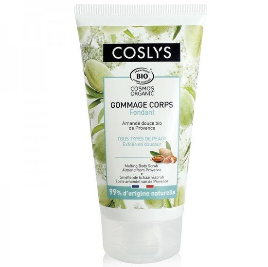 Un tube de 150g de Gommage Corps Fondant Amande Douce Bio de la marque Coslys, qui exfolie la peau tout en douceur grâce à ses fines particules de poudre de riz et de sel.