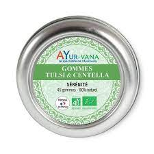 Boîte de 45 gommes tulsi et centella bio de la marque Ayur-vana 