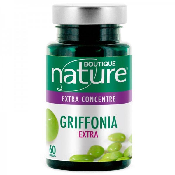 Une boite de 60 Gélules de Griffonia Extra concentré Boutique Nature, un complément alimentaire diminue les troubles du comportement comme l’anxiété et les angoisses.