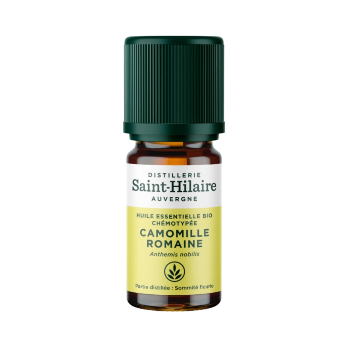 Un flacon d'Huile Essentielle de Camomille Romaine Bio de la distillerie Saint-Hilaire en 5 ml.