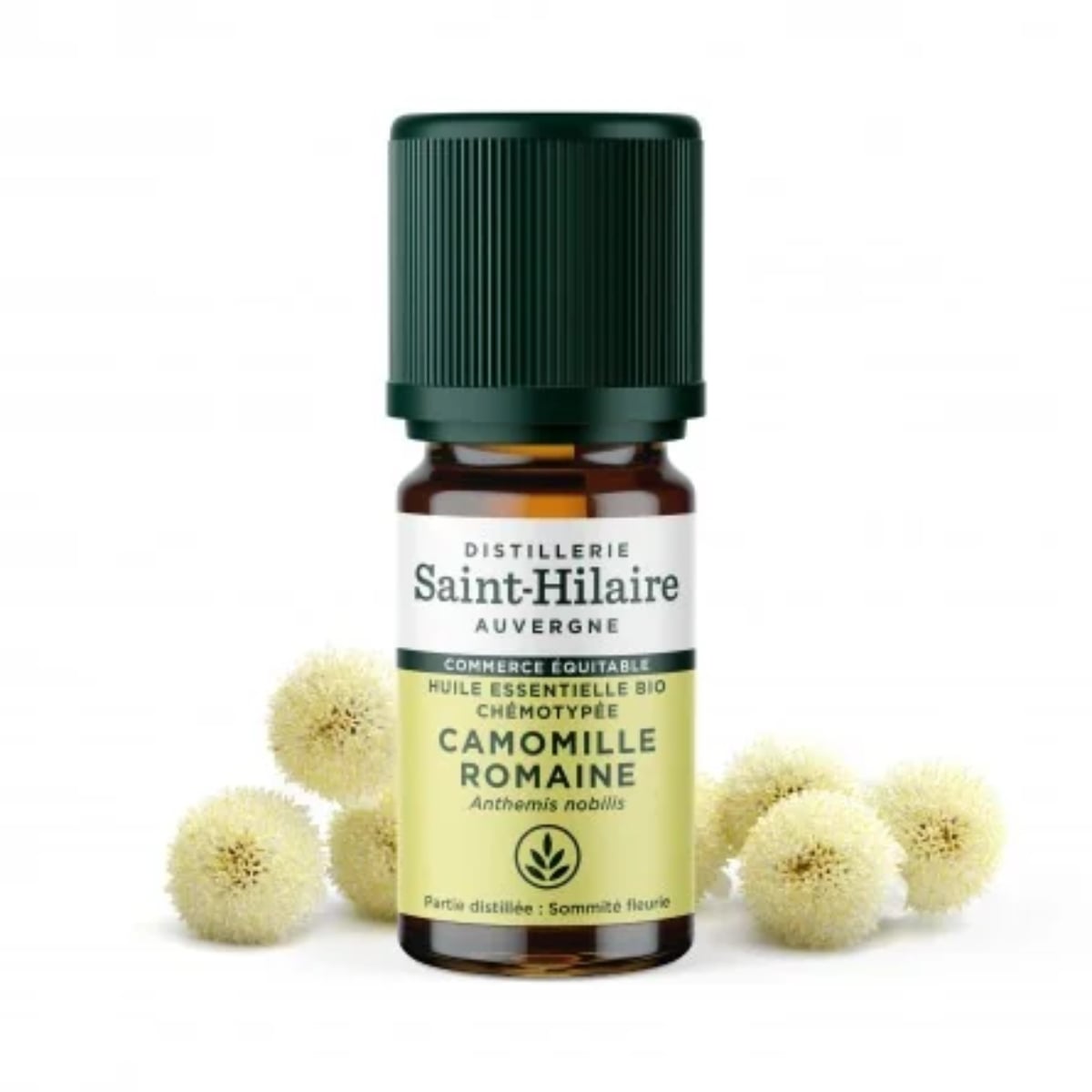 Un flacon d'Huile Essentielle de Camomille Romaine Bio de la distillerie Saint-Hilaire en 5 ml.