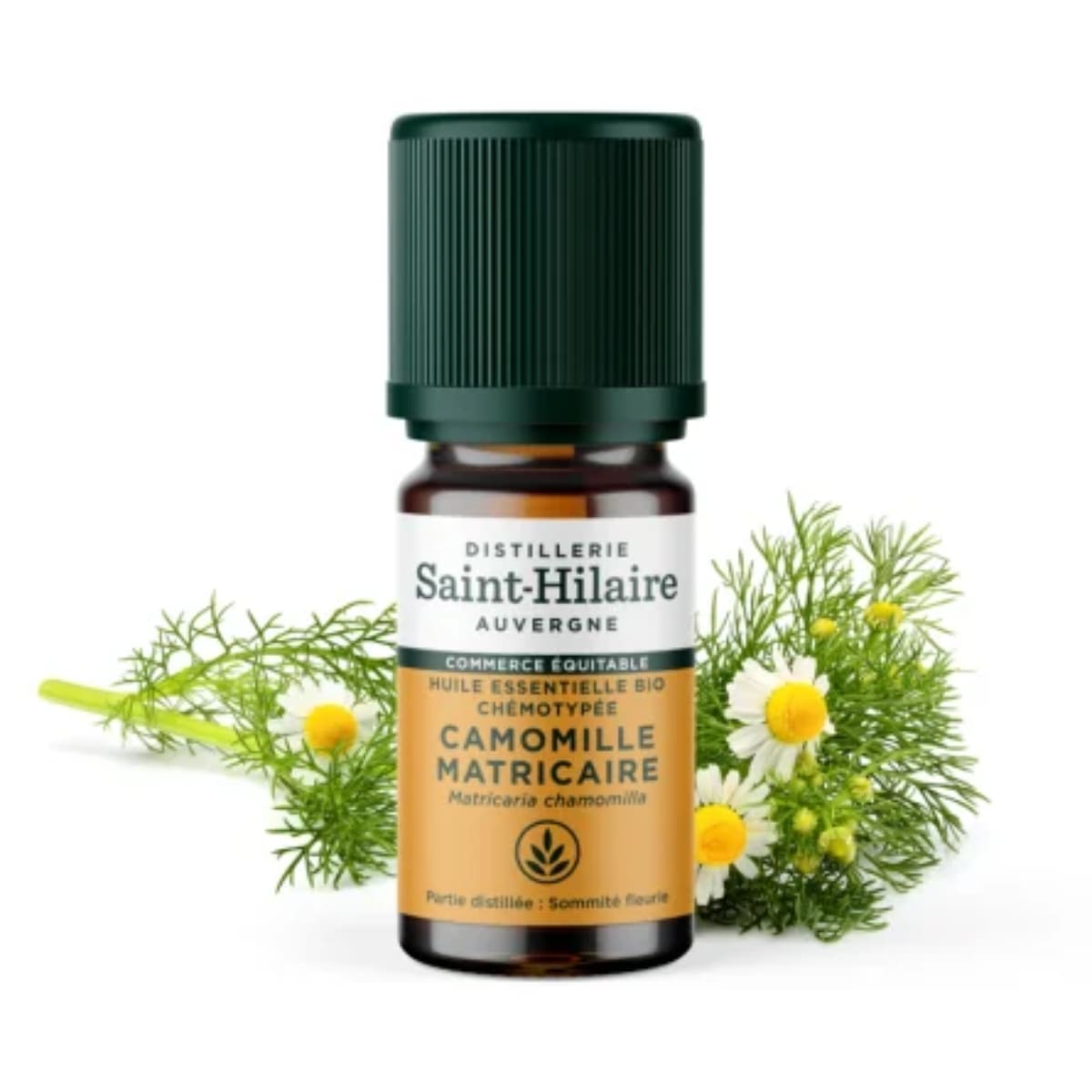 Un flacon d'Huile Essentielle de Camomille Matricaire Bio de la distillerie Saint-Hilaire en 5 ml.