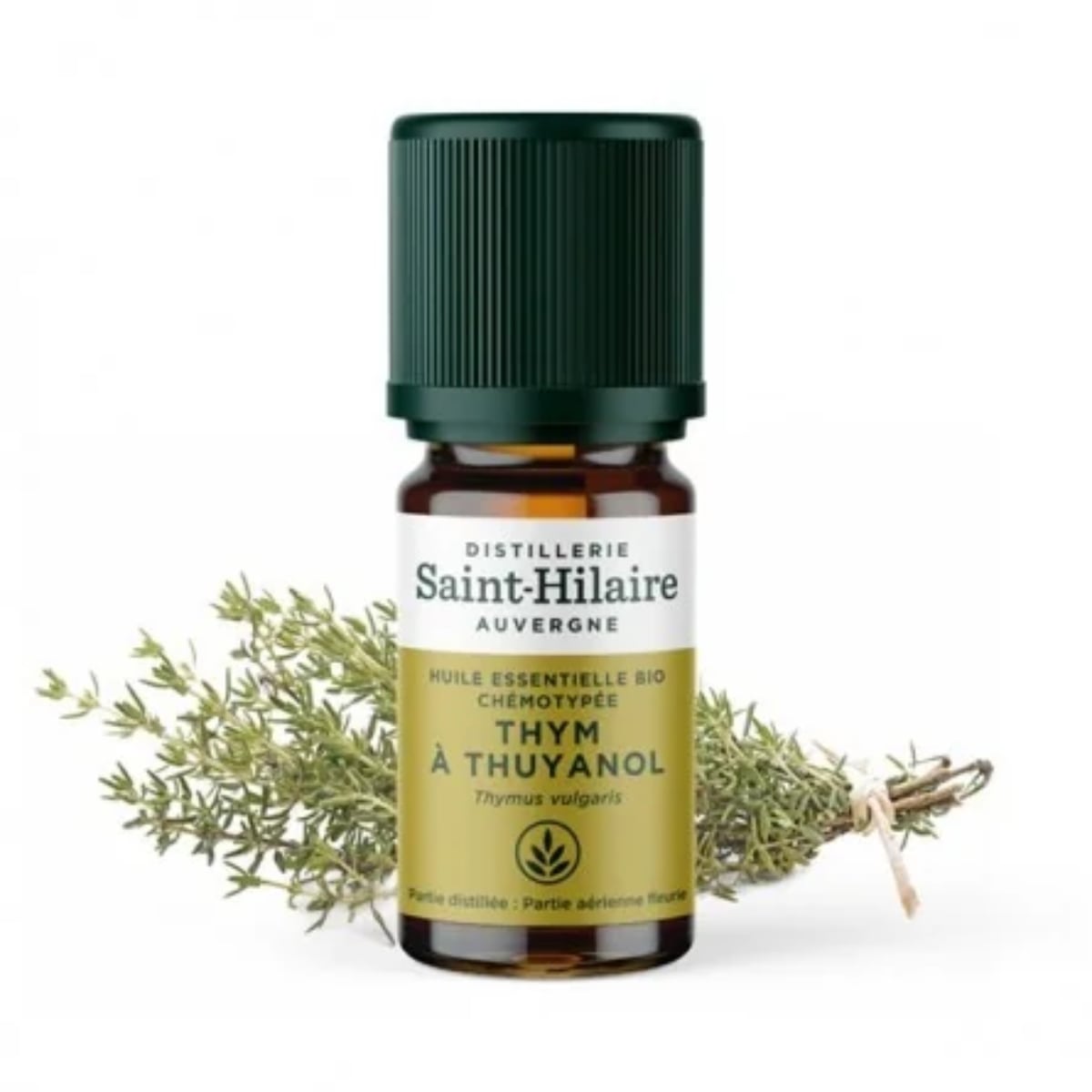 Un flacon d'Huile Essentielle de Thym Thuyanol Bio de la distillerie Saint-Hilaire en 5ml accompagné de feuilles de thym en arrière plan.