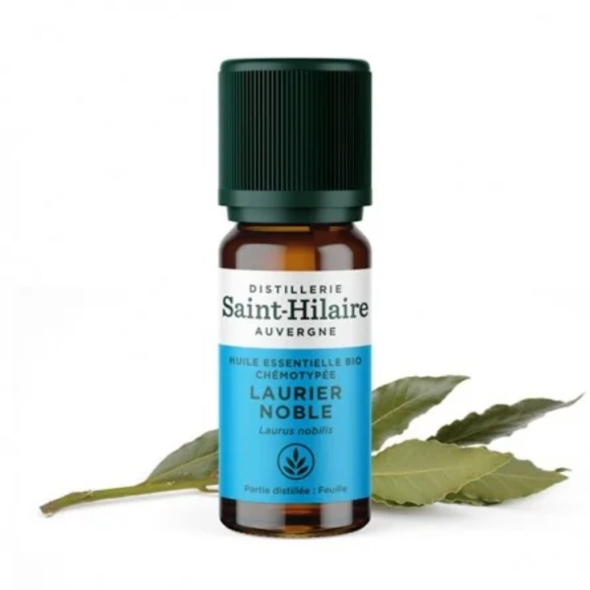 Un flacon d'Huile Essentielle de Laurier noble Bio de la distillerie Saint-Hilaire en 10 ml accompagné de laurier an arrière plan.