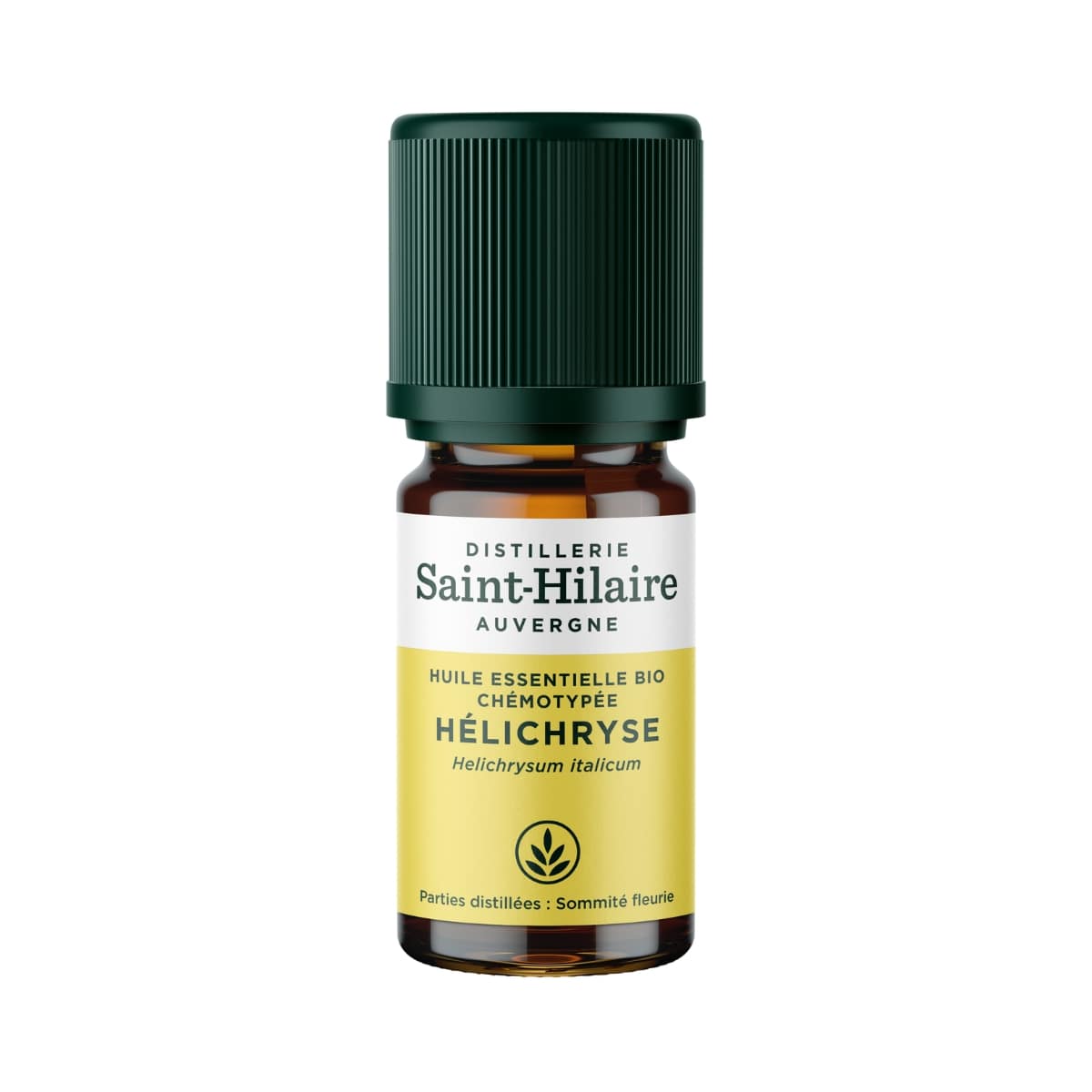 Un flacon d'Huile Essentielle d'Helichryse Bio de la distillerie Saint-Hilaire en 5 ml.