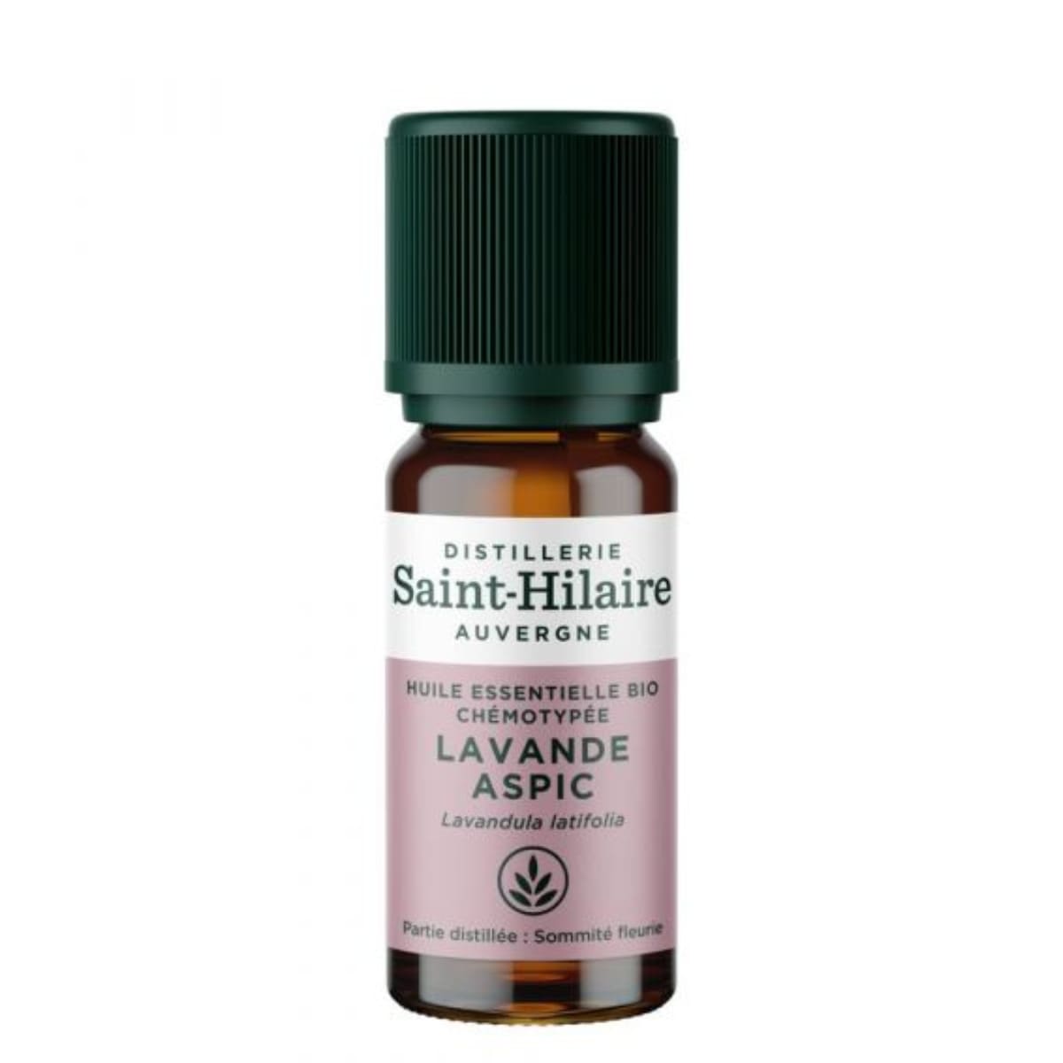 Un flacon de 10ml d'huile essentielle de lavande aspic de la distillerie Saint-Hilaire.