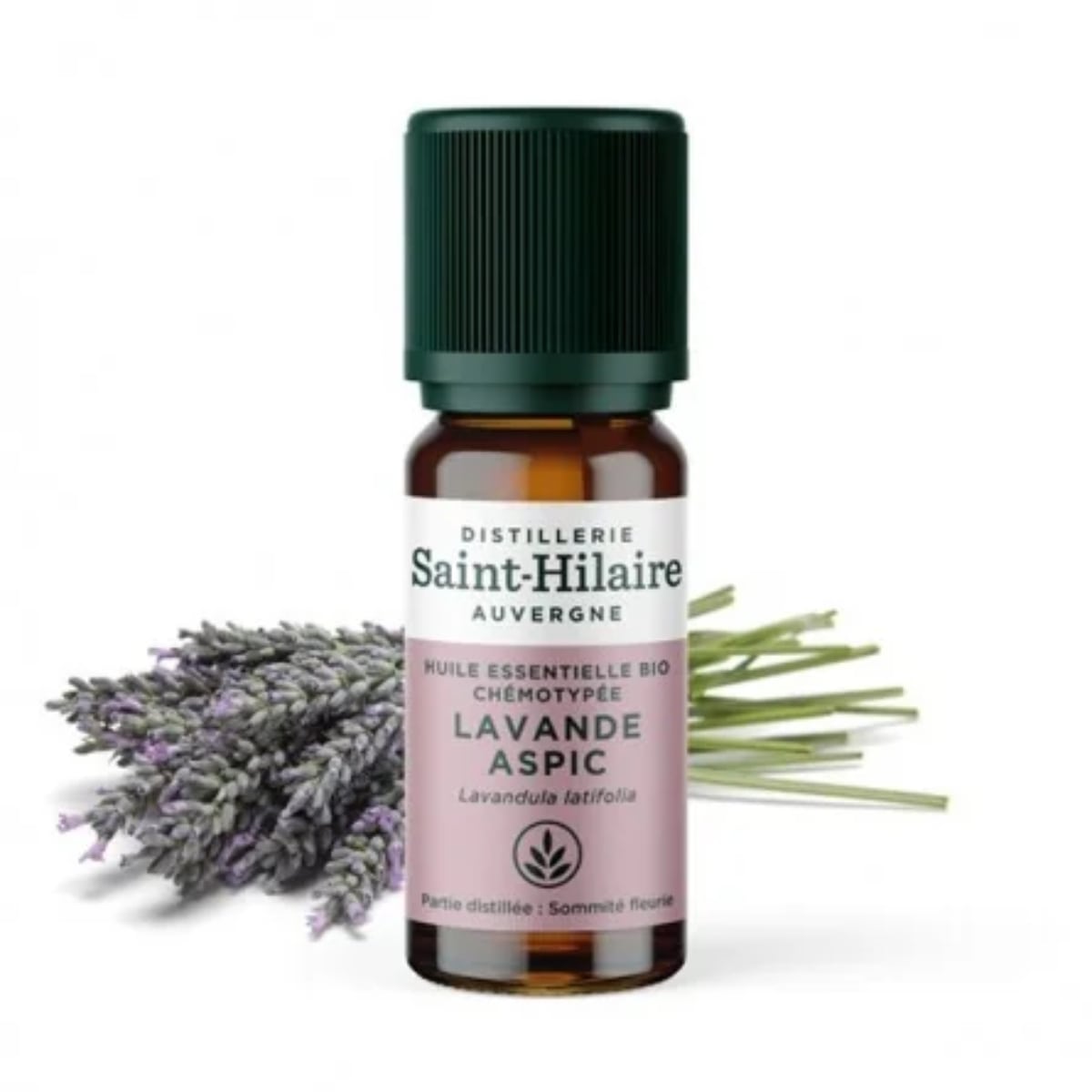 Un flacon de 10ml d'huile essentielle de lavande aspic de la distillerie Saint-Hilaire accompagné de lavandes en arrière plan.