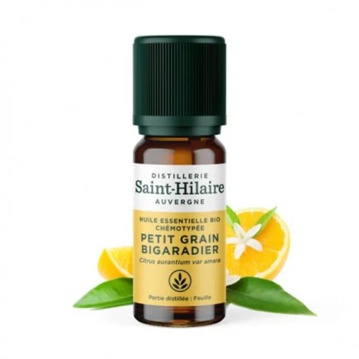 Un flacon d'Huile Essentielle Petit grain bigaradier Bio de la distillerie Saint-Hilaire de 10 ml.