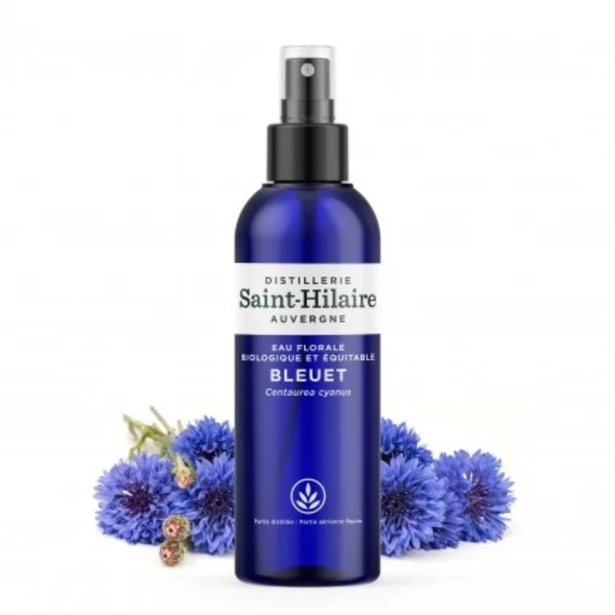 Un flacon d'eau florale de bleuet de la distillerie Saint-Hilaire en 200ml accompagné de fleurs de bleuet en arrière plan.