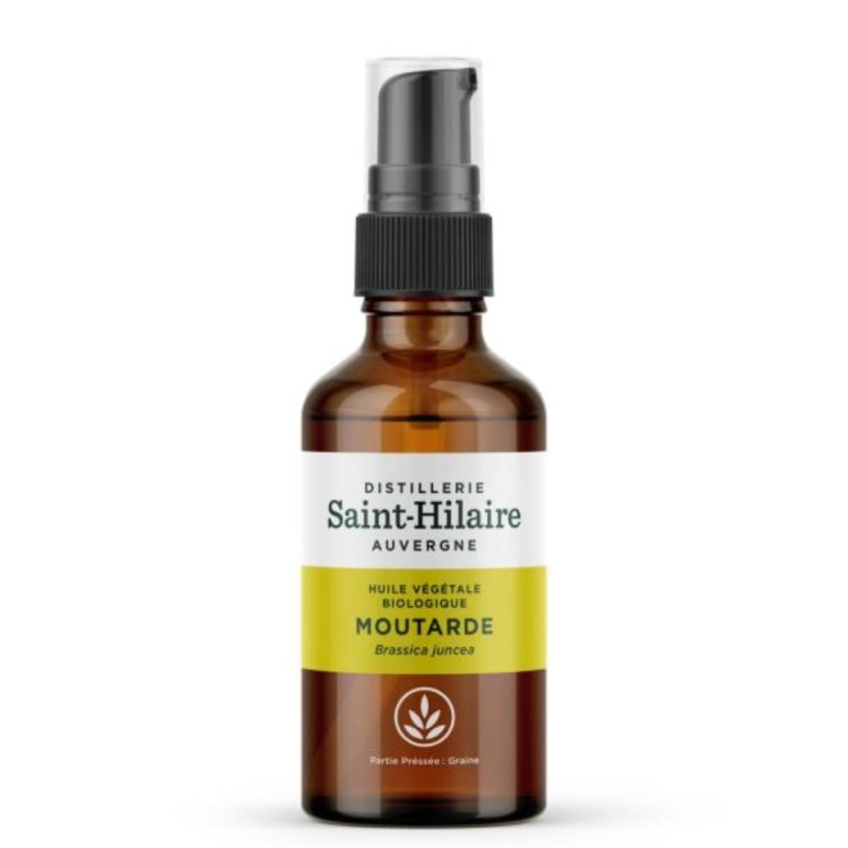 Un flacon de 50ml d'huile végétale de moutarde de la distillerie Saint-Hilaire. 