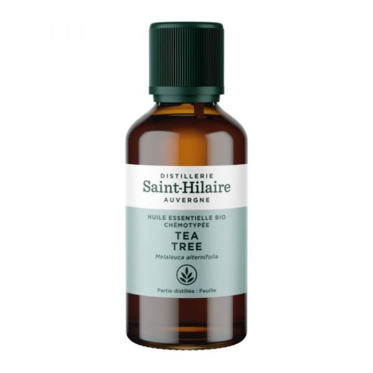 Un flacon de 50ml d'huile essentielle de tea tree de la distillerie Saint-Hilaire.