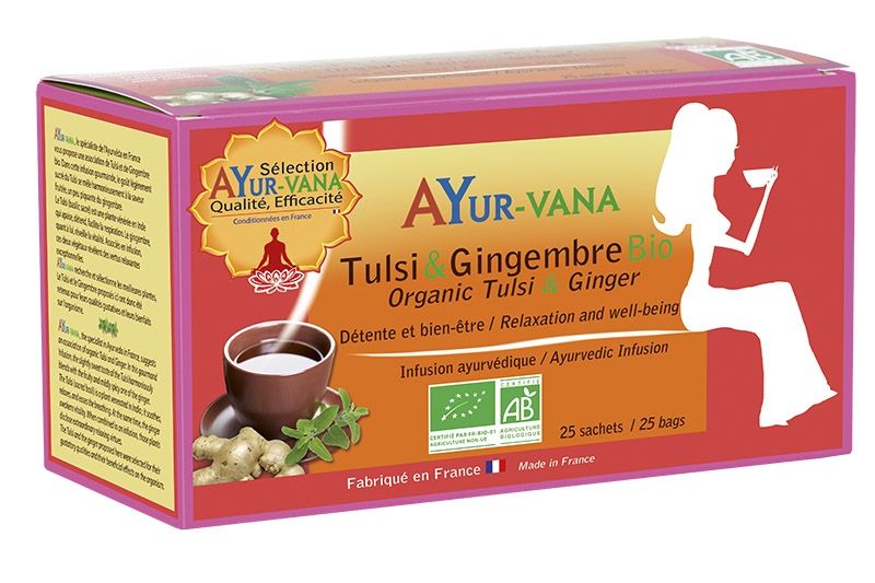 boîte de 25 sachets d'infusion tulsi et gingembre de la marque Ayur-vana