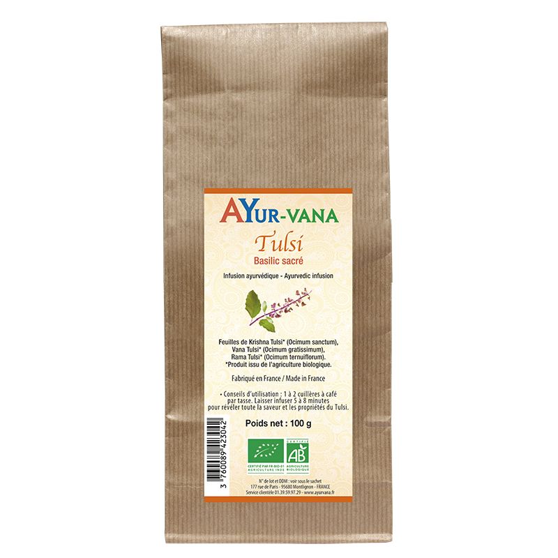 Sachet de tulsi basilic sacré infusion auyrvédique 100g de la marque Ayur vana