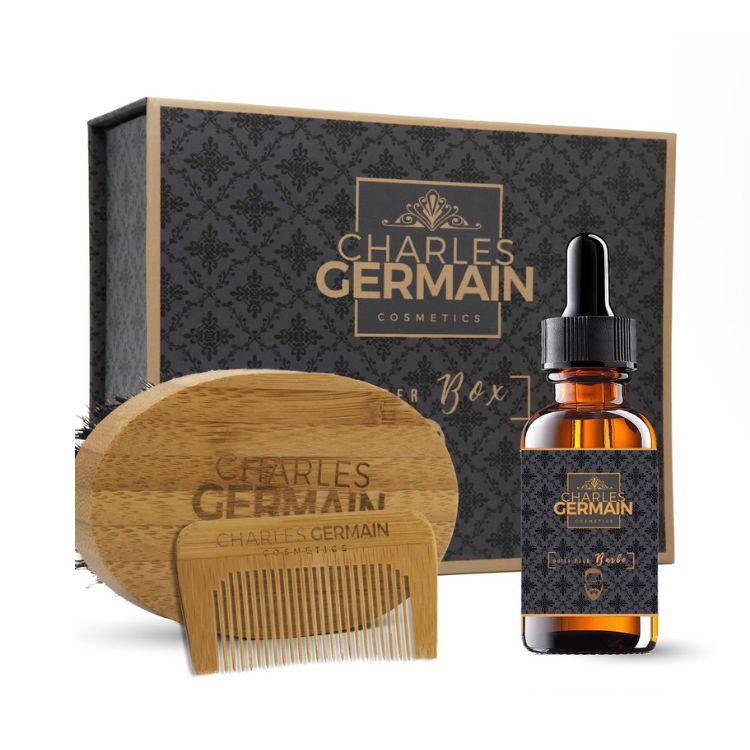 Coffret pour l'entretien de la barbe Charles Germain avec une huile de soin un peigne et une brosse 