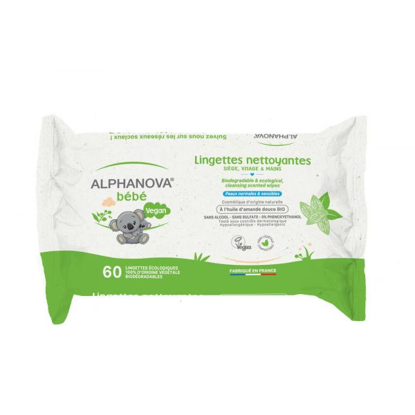 Lingettes Biodégradables - 60 Lingettes - Alphanova