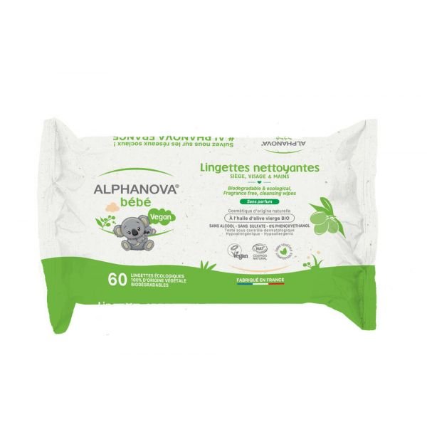 Lingettes Biodégradables À L'huile D'olive Et Aloé - 60 Lingettes - Alphanova