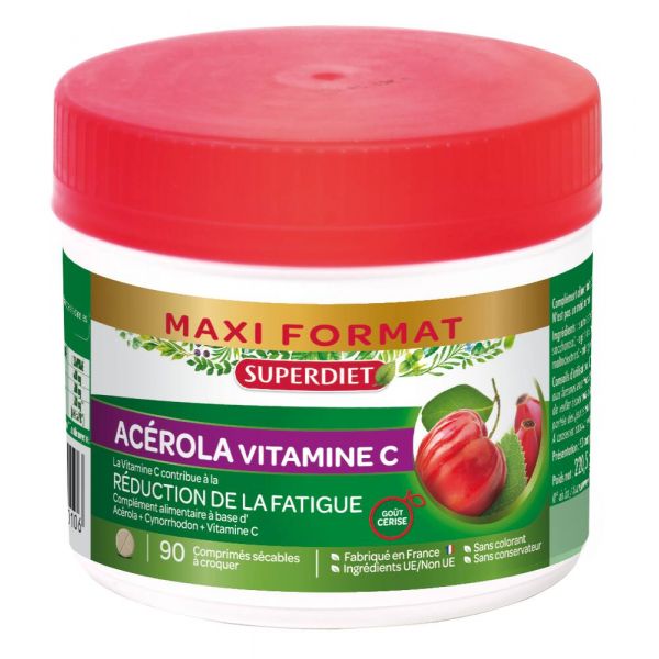 Maxi Pot Acérola Vitamine C - 90 Comprimés Sécables À Croquer - Superdiet