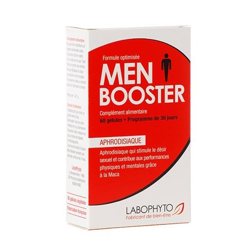 Une boite de 60 gélules de Men Booster, un complément qui stimule le désir sexuel et aide à induire et à améliorer l'érection