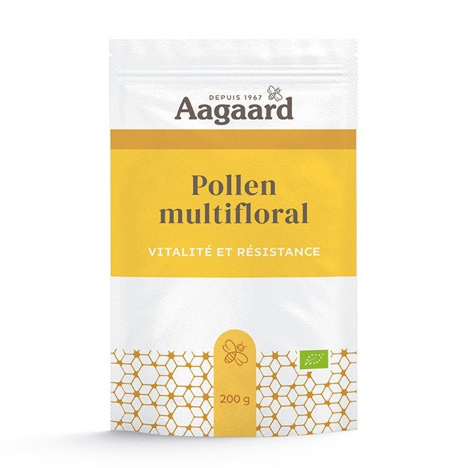 Un sachet de 200 grammes de Pollen de Fleurs Bio Aagaard, reconnu pour ses actions dynamisante et tonifiante