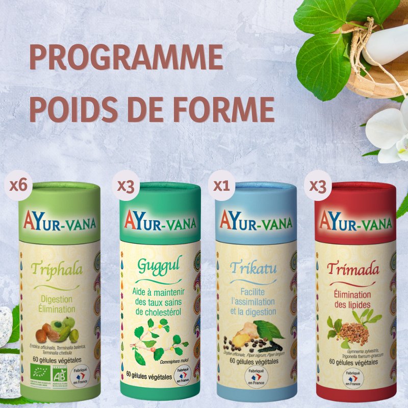 Les boites du programme Poids Idéal Avec L'ayurvéda : 6 Triphala Bio 60 Gélules, 1 Trikatu, 3 Trimada Et 3 Guggul - AyurVana