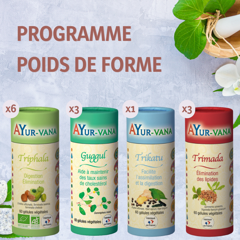 Programme Poids Idéal Avec L'ayurvéda : 6 Triphala Bio 60 Gélules, 1 Trikatu, 3 Trimada Et 3 Guggul - AyurVana