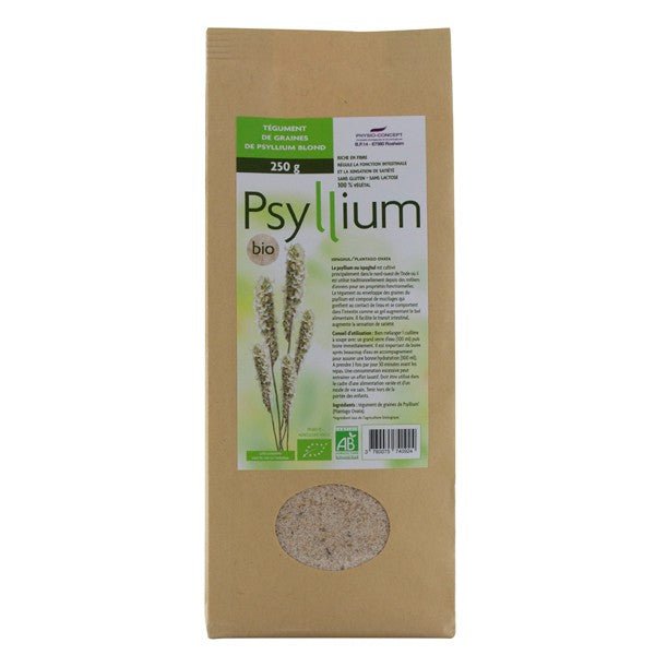 Un sachet de 250 grammes de Psyllium blond Tégument Bio Physio Concept, un excellent régulateur de la fonction intestinale