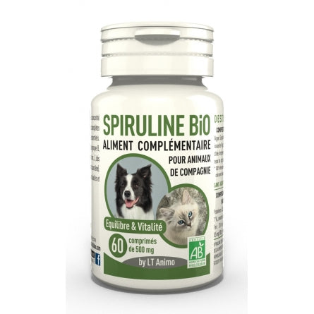 Un boite de 60 gélules de spiruline bio pour chiens et chat, de la marque LT Labo