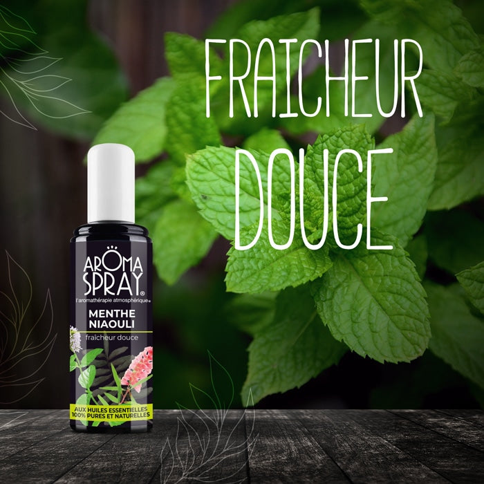 Un spray menthe niaouli de la marque Aromaspray avec en arrière plan des feuilles de menthe