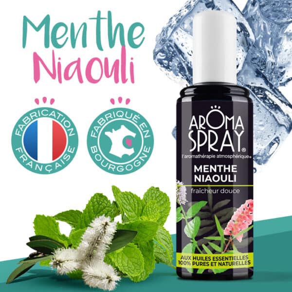 Un spray de menthe niaouli avec deux logos fabrication française et fabriqué en bourgogne avec des feuilles de menthe et de niaouli