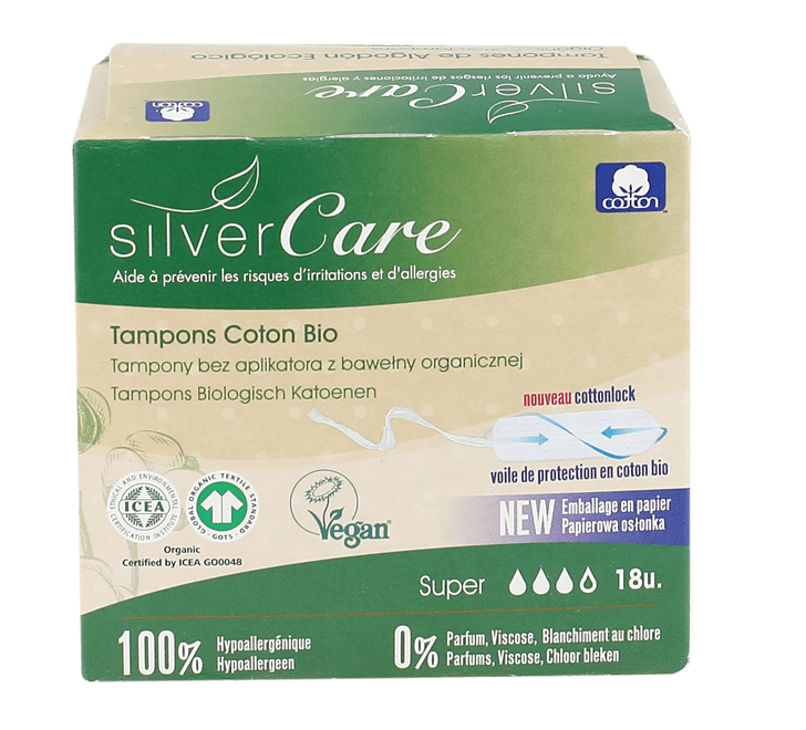 Boîte de 18 tampons en coton bio flux super sans applicateur de la marque Silver Care