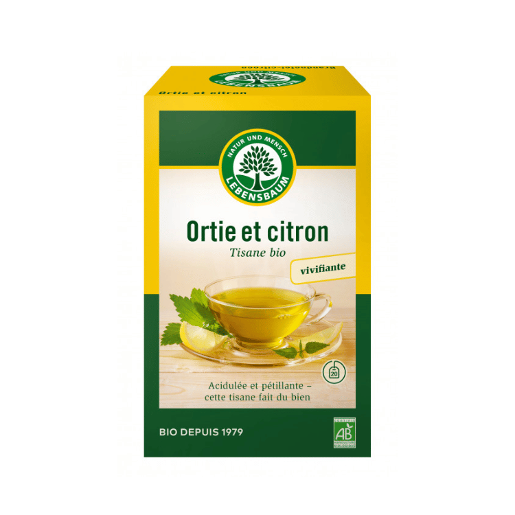 Pack de 20 sachets de tisane bio à l'ortie et au citron de la marque Lebensbaum